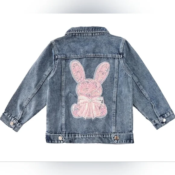 Girls Embroidered Bunny Denim Jacket Soft Cotton Jean Jacket Kids Spring Fall - Picture 1 of 8